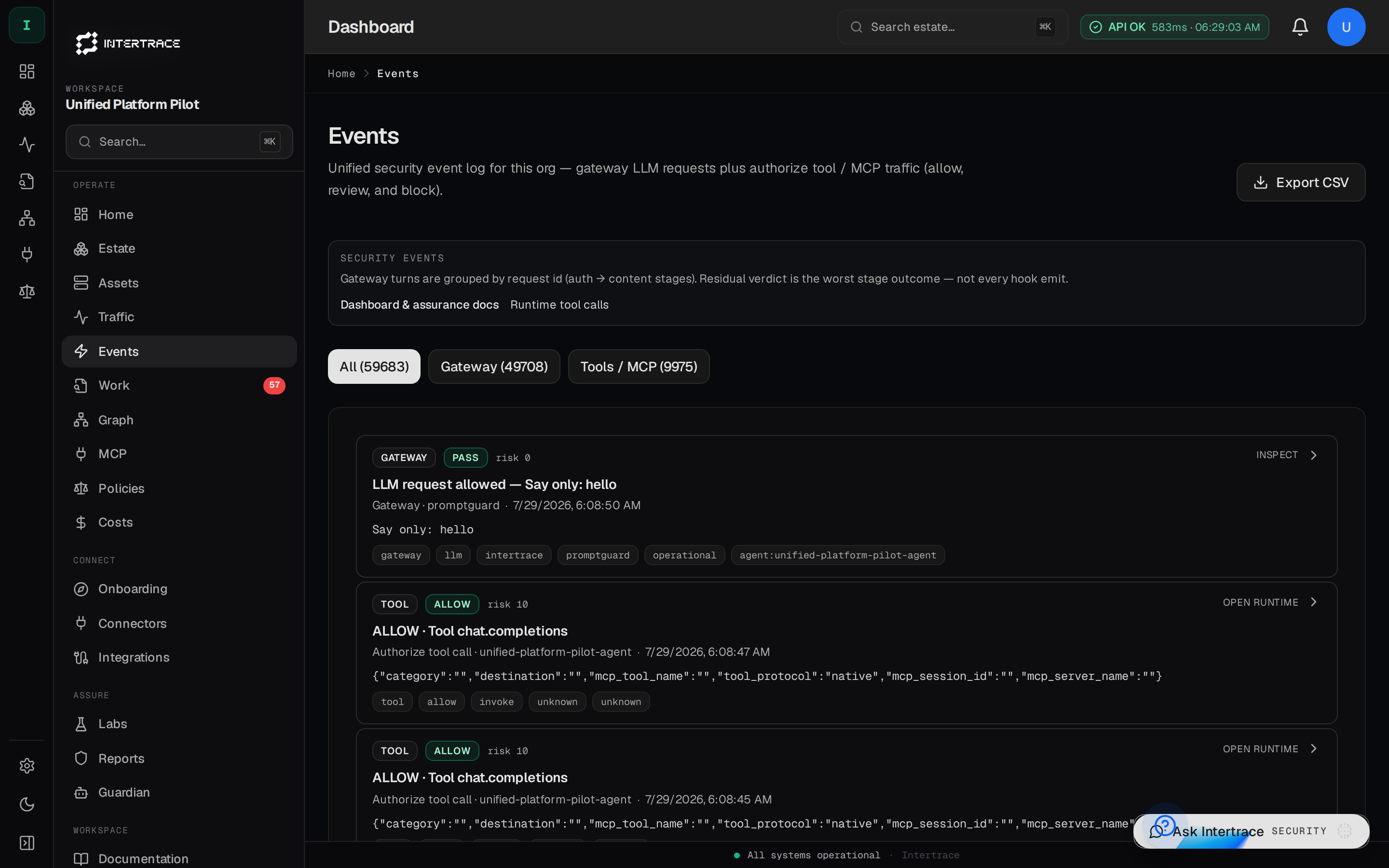 Events feed at /dashboard/events